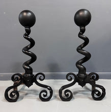 Load image into Gallery viewer, Bradley &amp; Hubbard Andirons Cast Iron Cannonball Tops Over Corkscrew Columns