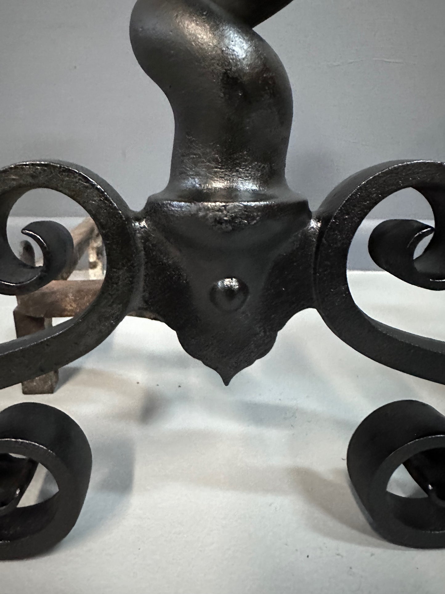 SOLD – Bradley & Hubbard Andirons Cast Iron Cannonball Tops Over Corkscrew Columns