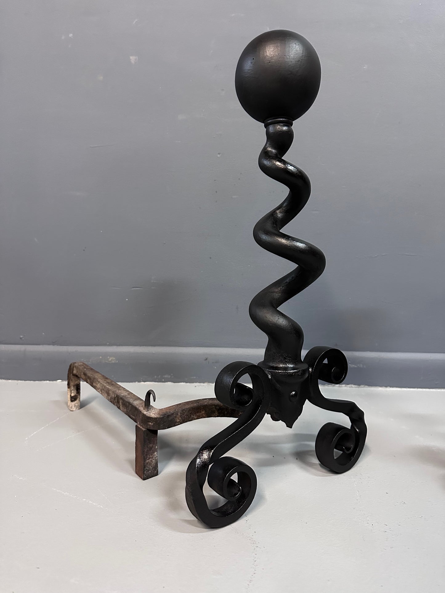 SOLD – Bradley & Hubbard Andirons Cast Iron Cannonball Tops Over Corkscrew Columns