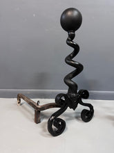 Load image into Gallery viewer, Bradley &amp; Hubbard Andirons Cast Iron Cannonball Tops Over Corkscrew Columns