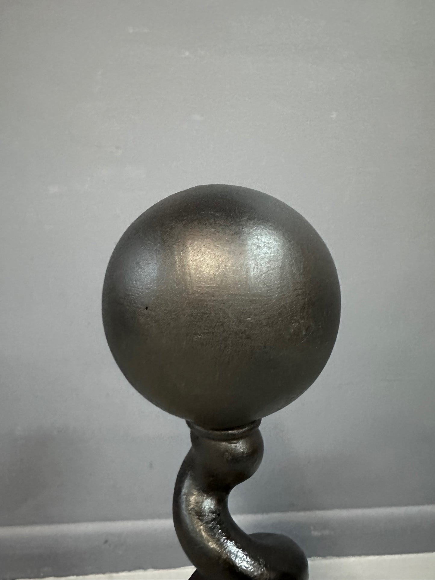 SOLD – Bradley & Hubbard Andirons Cast Iron Cannonball Tops Over Corkscrew Columns