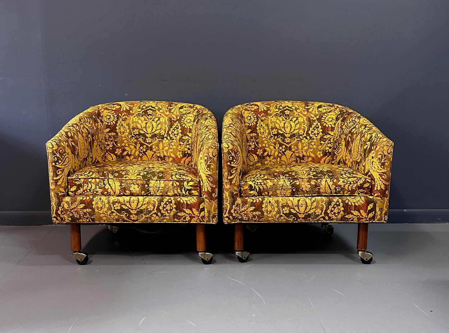 Pair of Century Furniture Cos Barrel Back Chairs with Walnut Legs and Casters