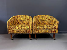 Load image into Gallery viewer, Pair of Century Furniture Cos Barrel Back Chairs with Walnut Legs and Casters