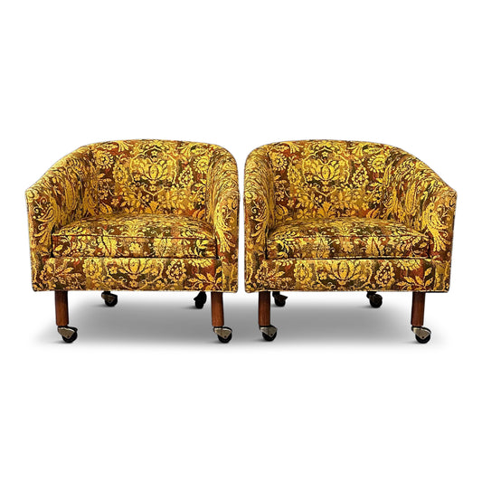 Pair of Century Furniture Cos Barrel Back Chairs with Walnut Legs and Casters