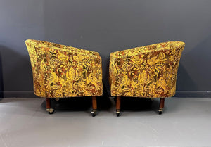 Pair of Century Furniture Cos Barrel Back Chairs with Walnut Legs and Casters