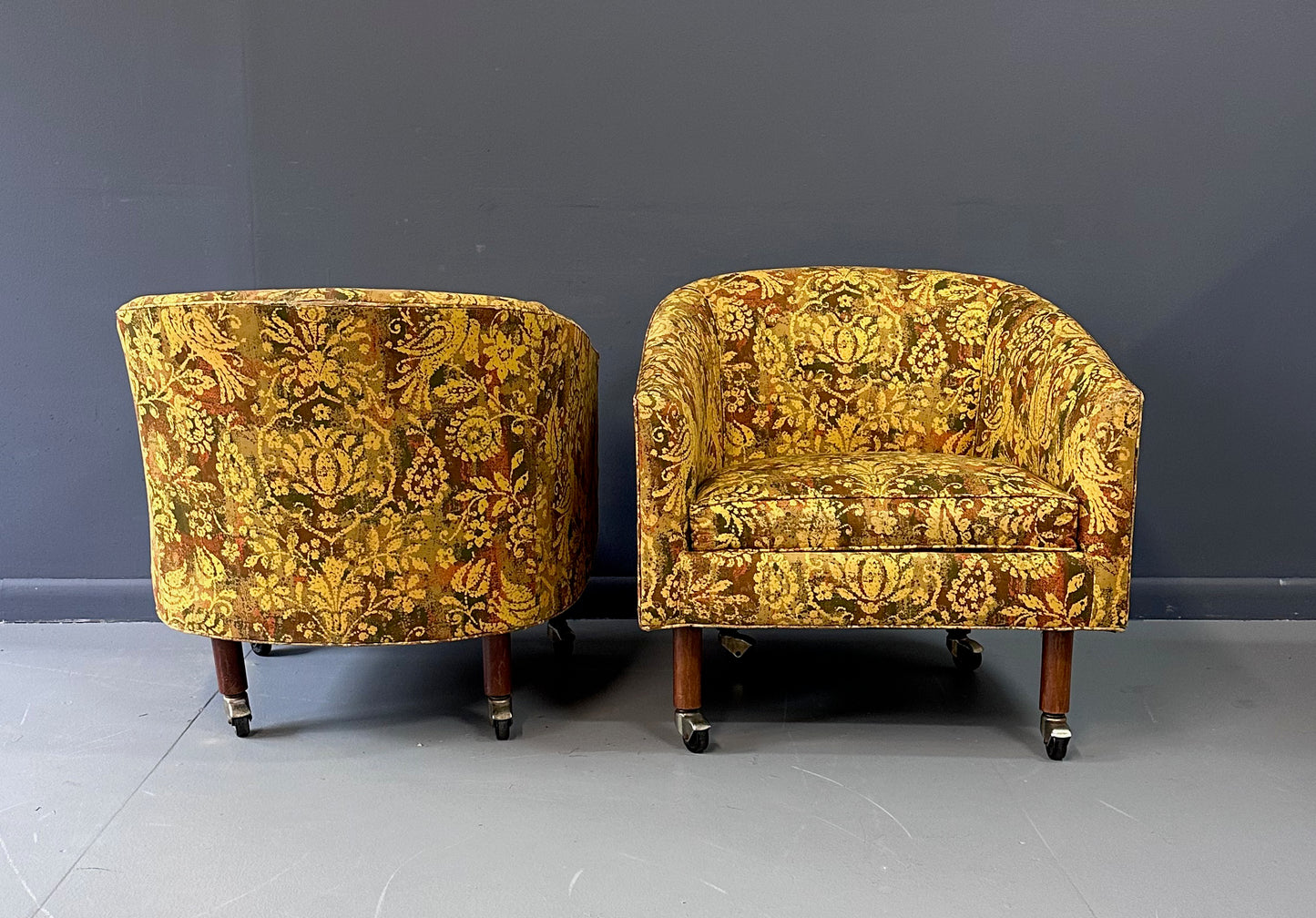 Pair of Century Furniture Cos Barrel Back Chairs with Walnut Legs and Casters