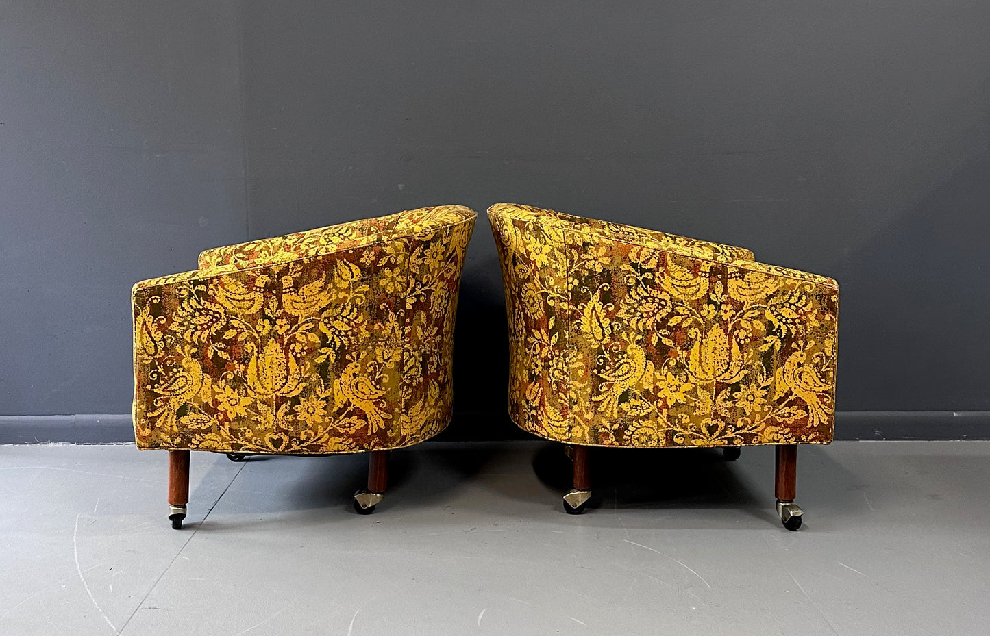 Pair of Century Furniture Cos Barrel Back Chairs with Walnut Legs and Casters