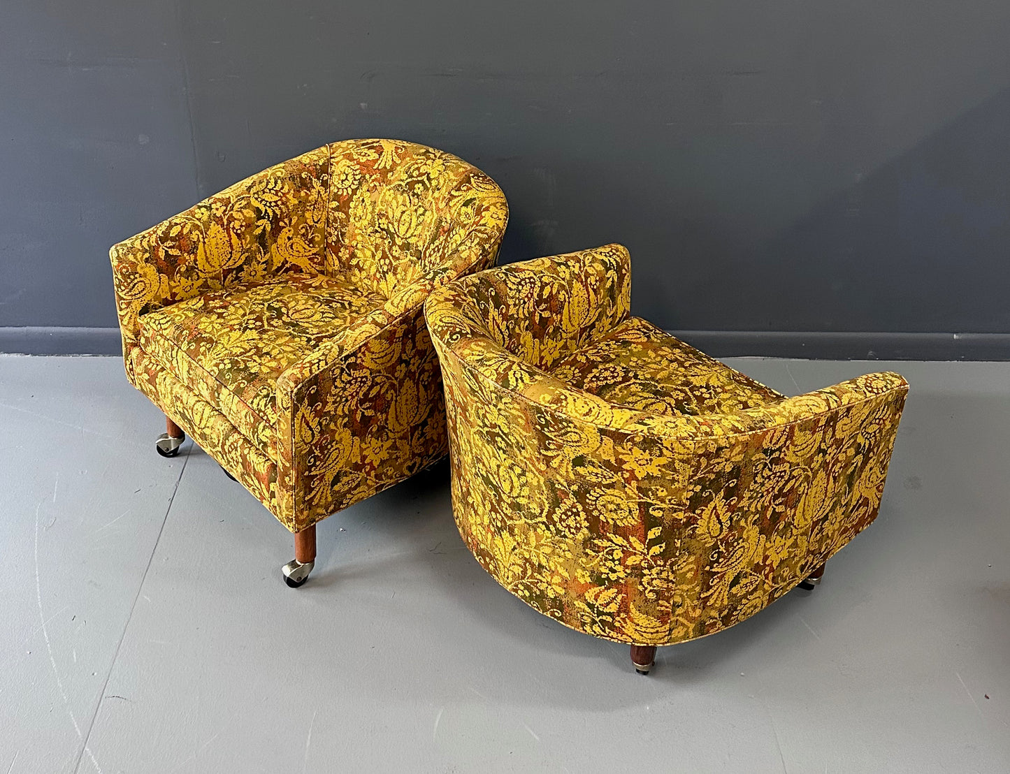 Pair of Century Furniture Cos Barrel Back Chairs with Walnut Legs and Casters