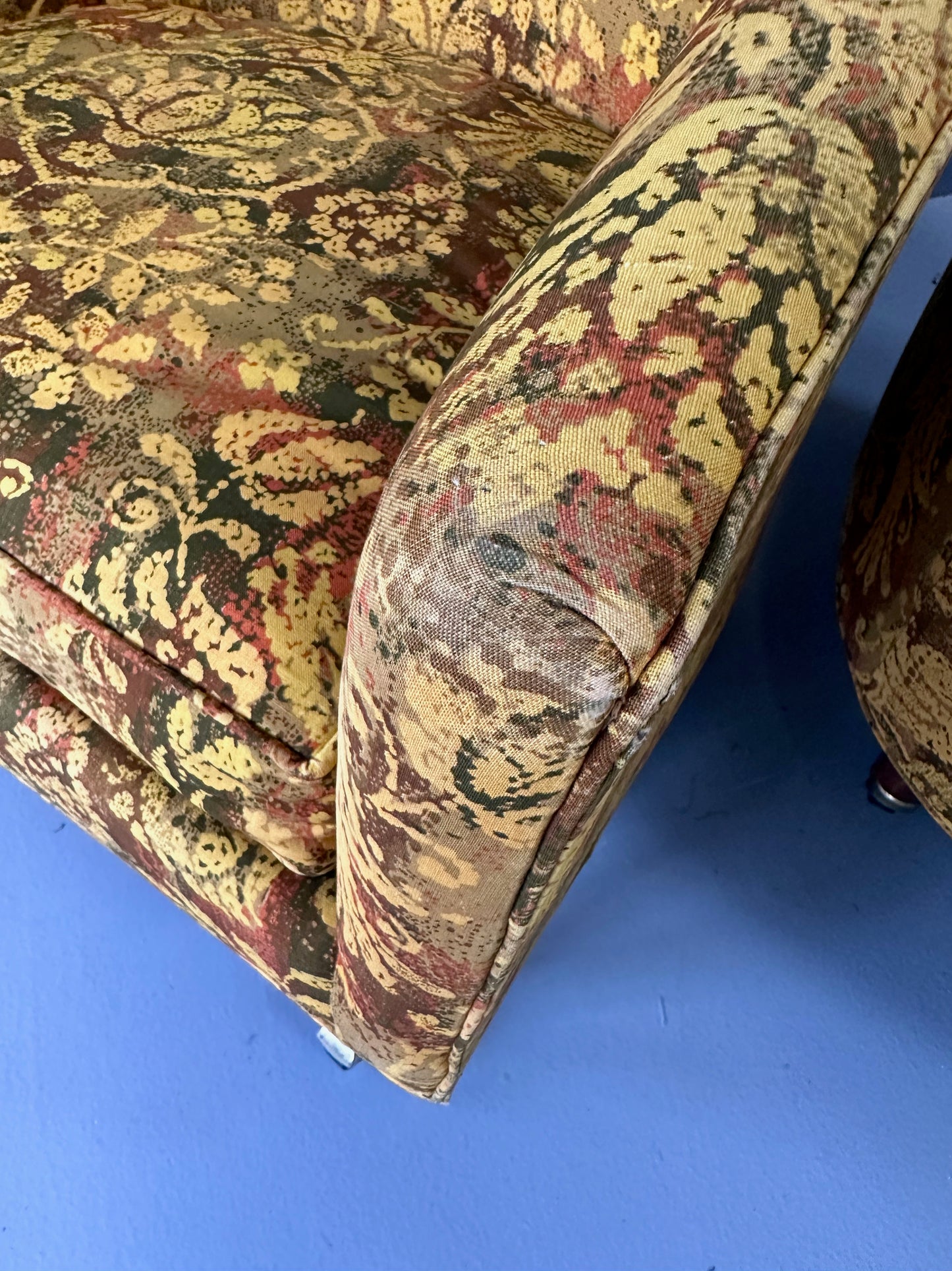 Pair of Century Furniture Cos Barrel Back Chairs with Walnut Legs and Casters