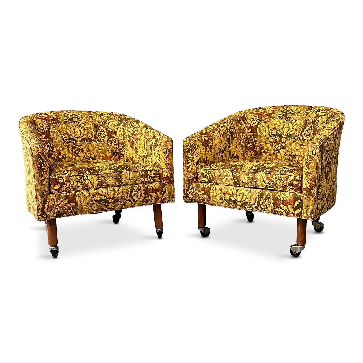 Pair of Century Furniture Cos Barrel Back Chairs with Walnut Legs and Casters
