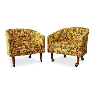 Pair of Century Furniture Cos Barrel Back Chairs with Walnut Legs and Casters