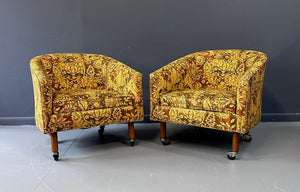 Pair of Century Furniture Cos Barrel Back Chairs with Walnut Legs and Casters