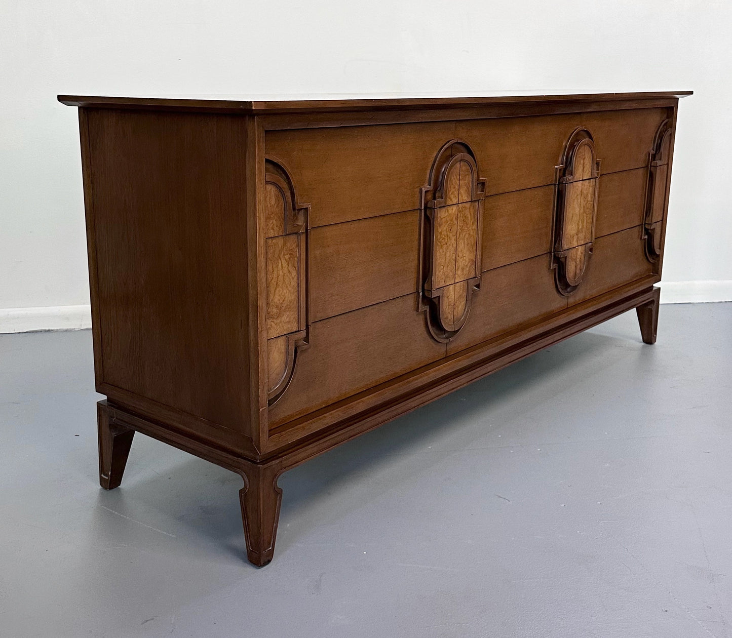 SOLD – Romweber 9 Drawer Dresser in Fruitwood with Burl Cartouche Accents Midcentury