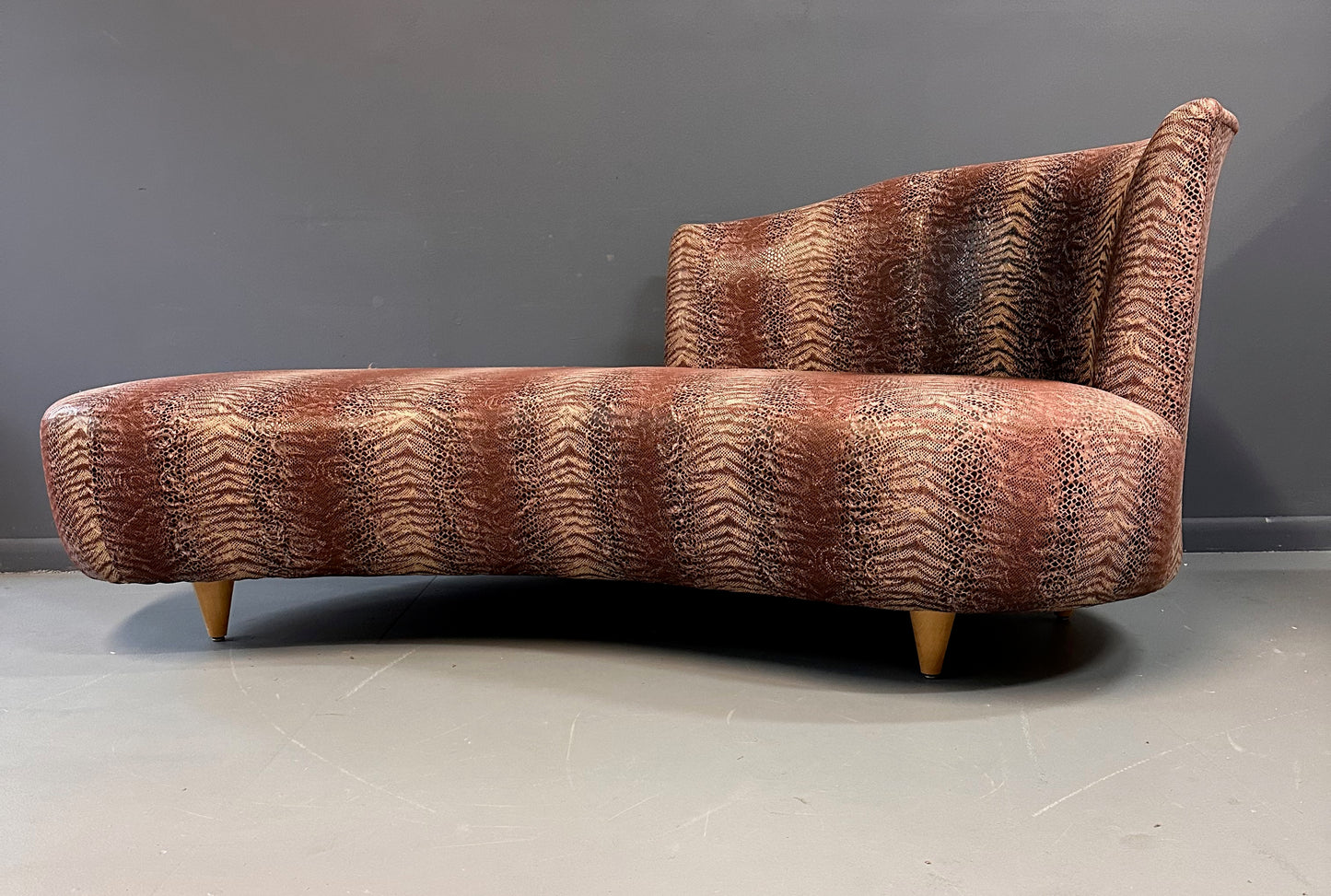 SOLD – Curvaceous Chaise/ Sofa in the Style of Weiman in a Faux Snakeskin Mid Century