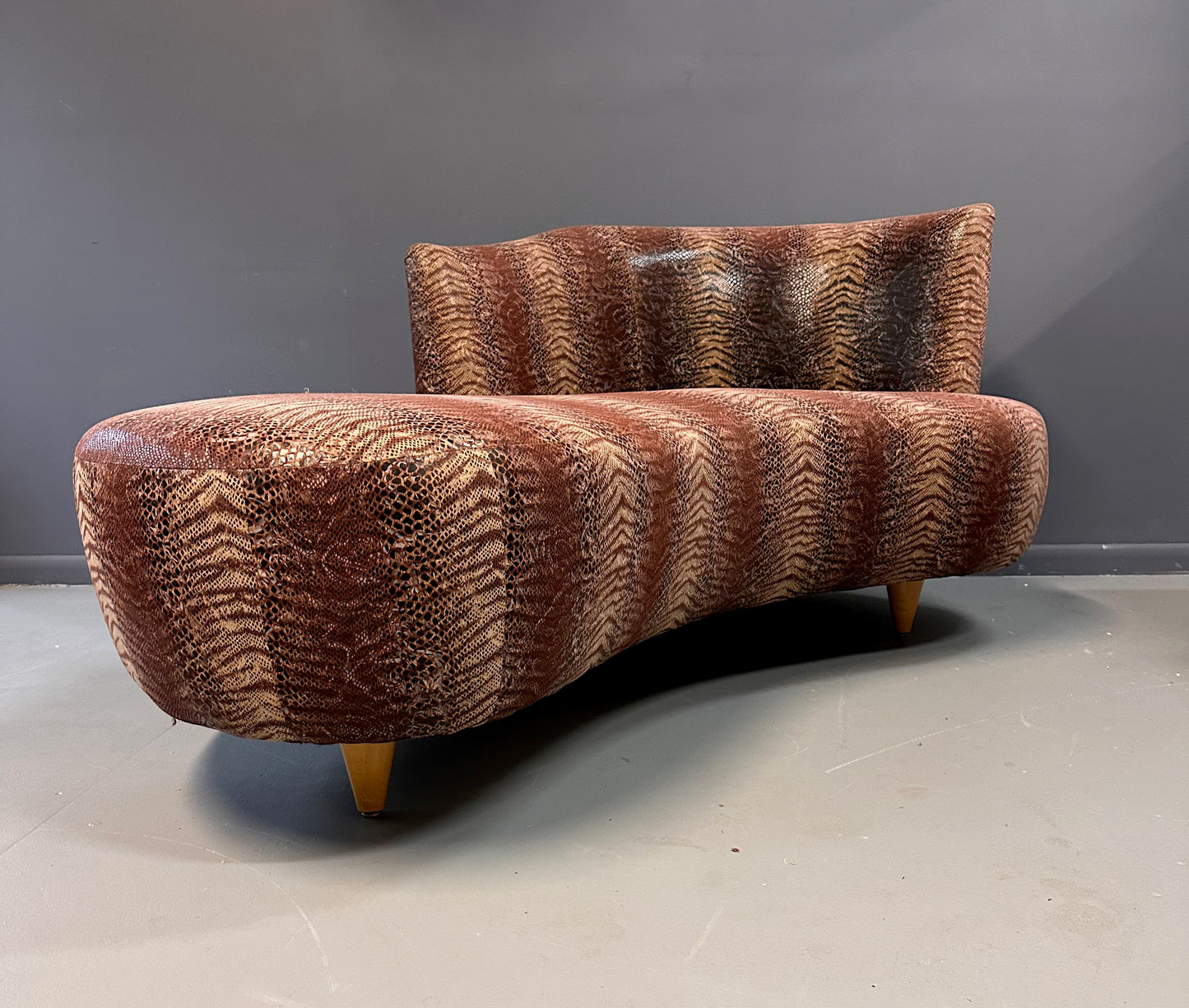 SOLD – Curvaceous Chaise/ Sofa in the Style of Weiman in a Faux Snakeskin Mid Century