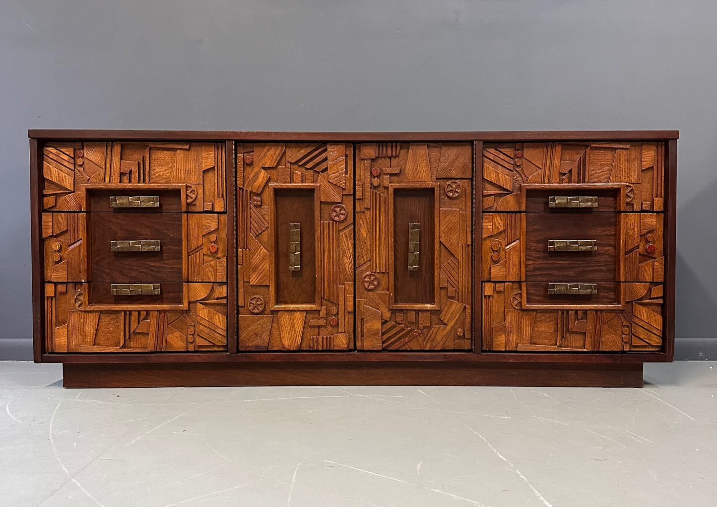 SOLD – Brutalist Lane Pueblo Style Dresser with Matching Double Mirror Mid Century
