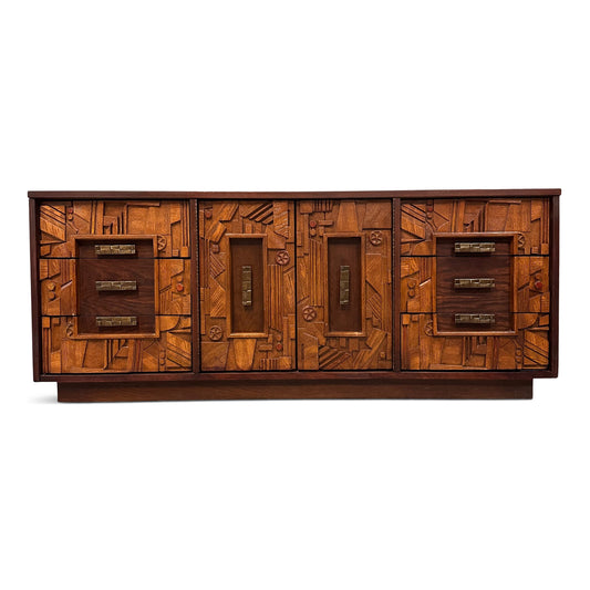 SOLD – Brutalist Lane Pueblo Style Dresser with Matching Double Mirror Mid Century