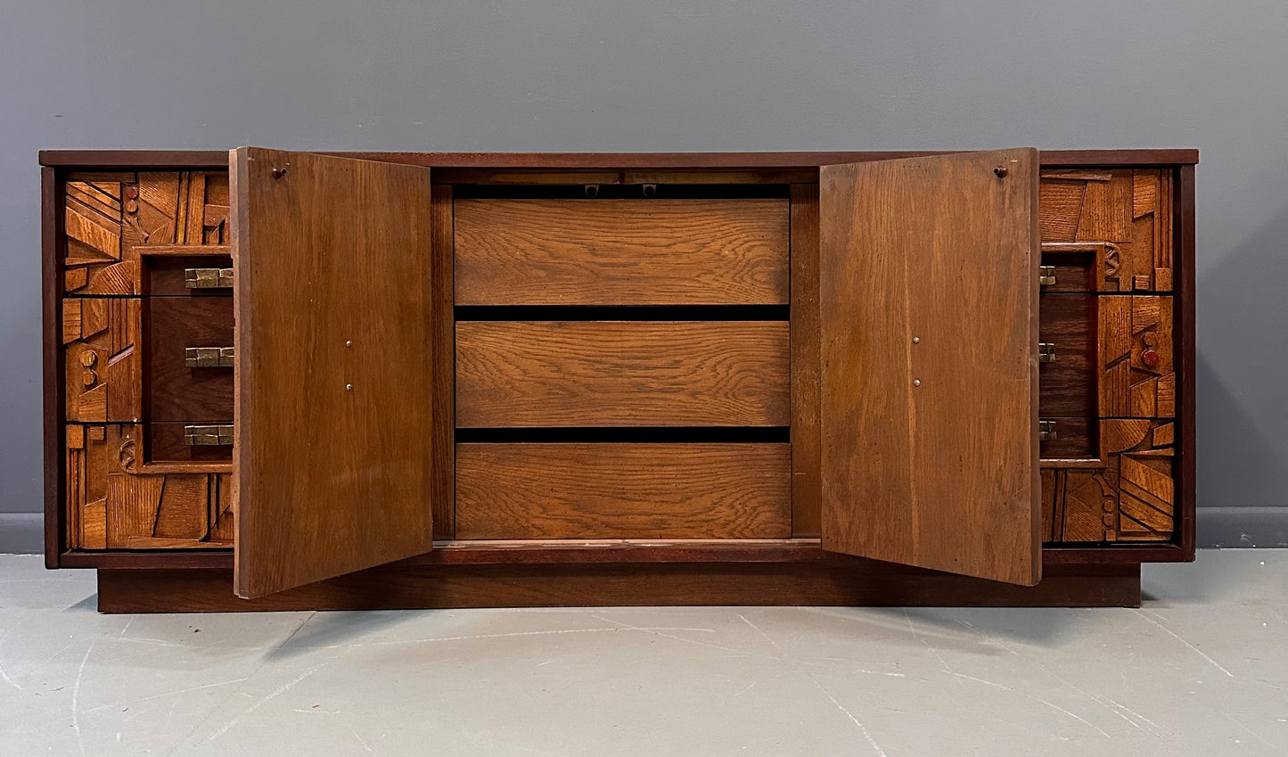 SOLD – Brutalist Lane Pueblo Style Dresser with Matching Double Mirror Mid Century