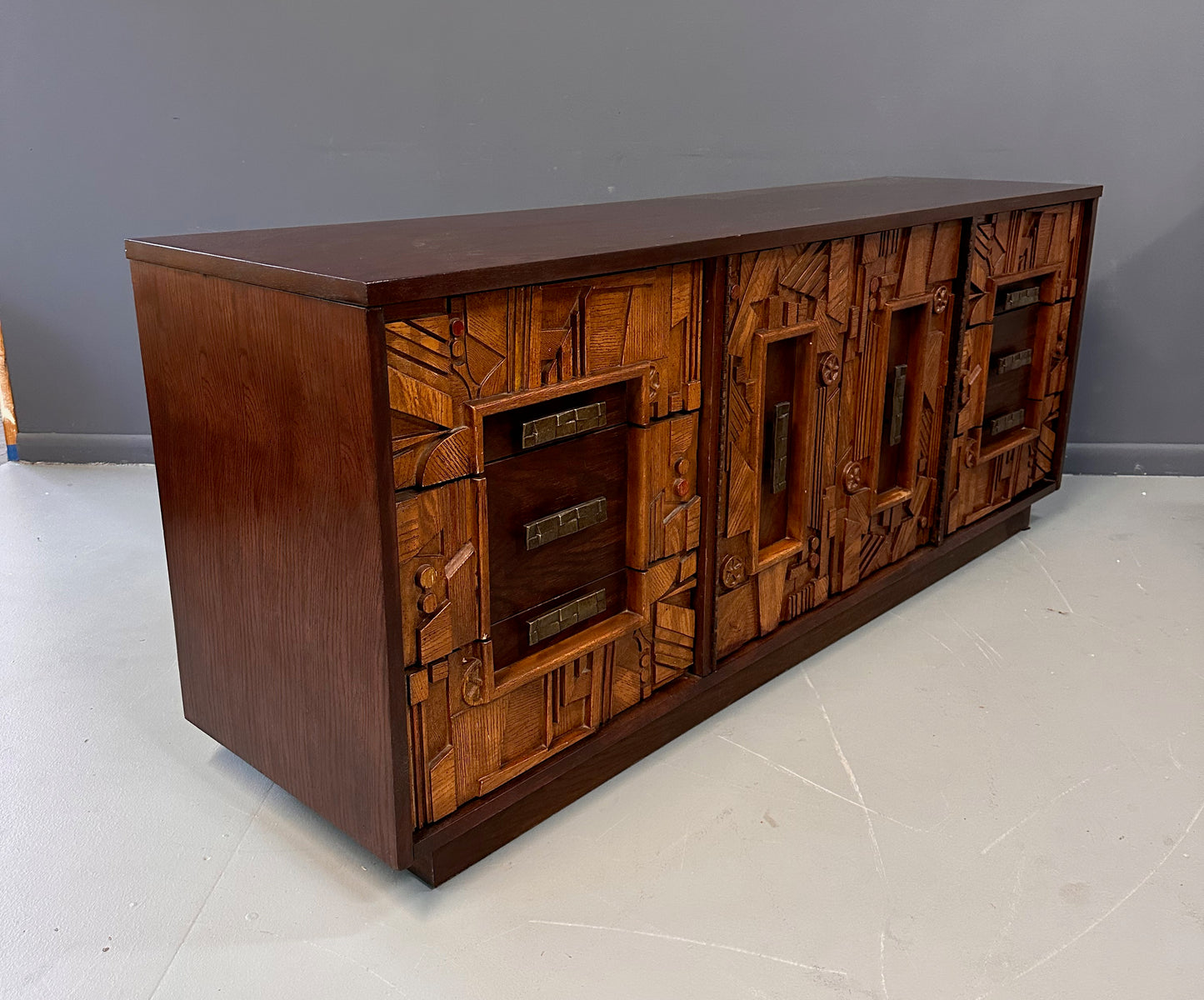 SOLD – Brutalist Lane Pueblo Style Dresser with Matching Double Mirror Mid Century