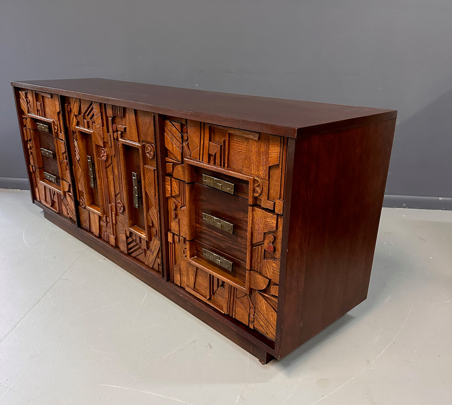 SOLD – Brutalist Lane Pueblo Style Dresser with Matching Double Mirror Mid Century