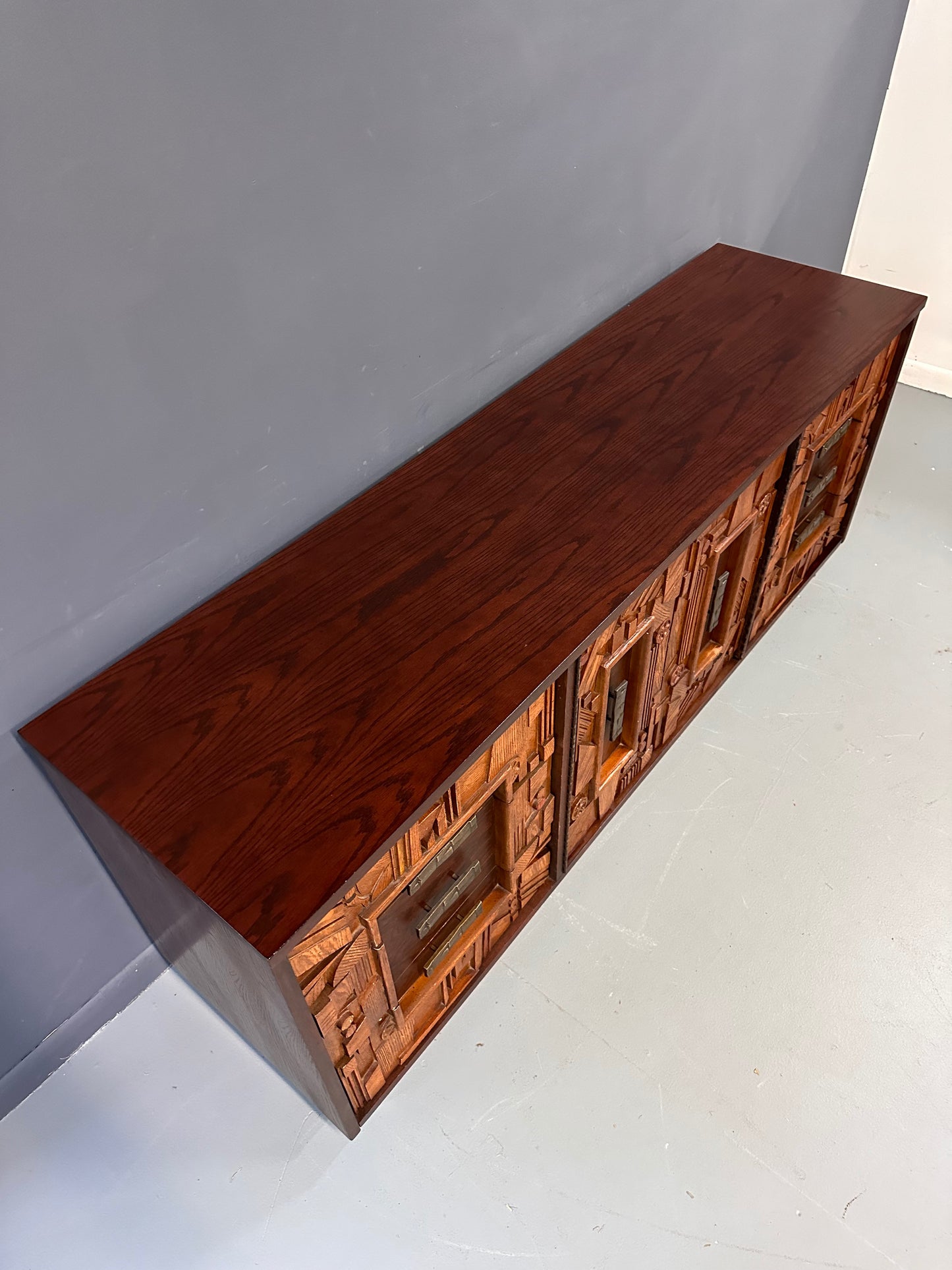 SOLD – Brutalist Lane Pueblo Style Dresser with Matching Double Mirror Mid Century