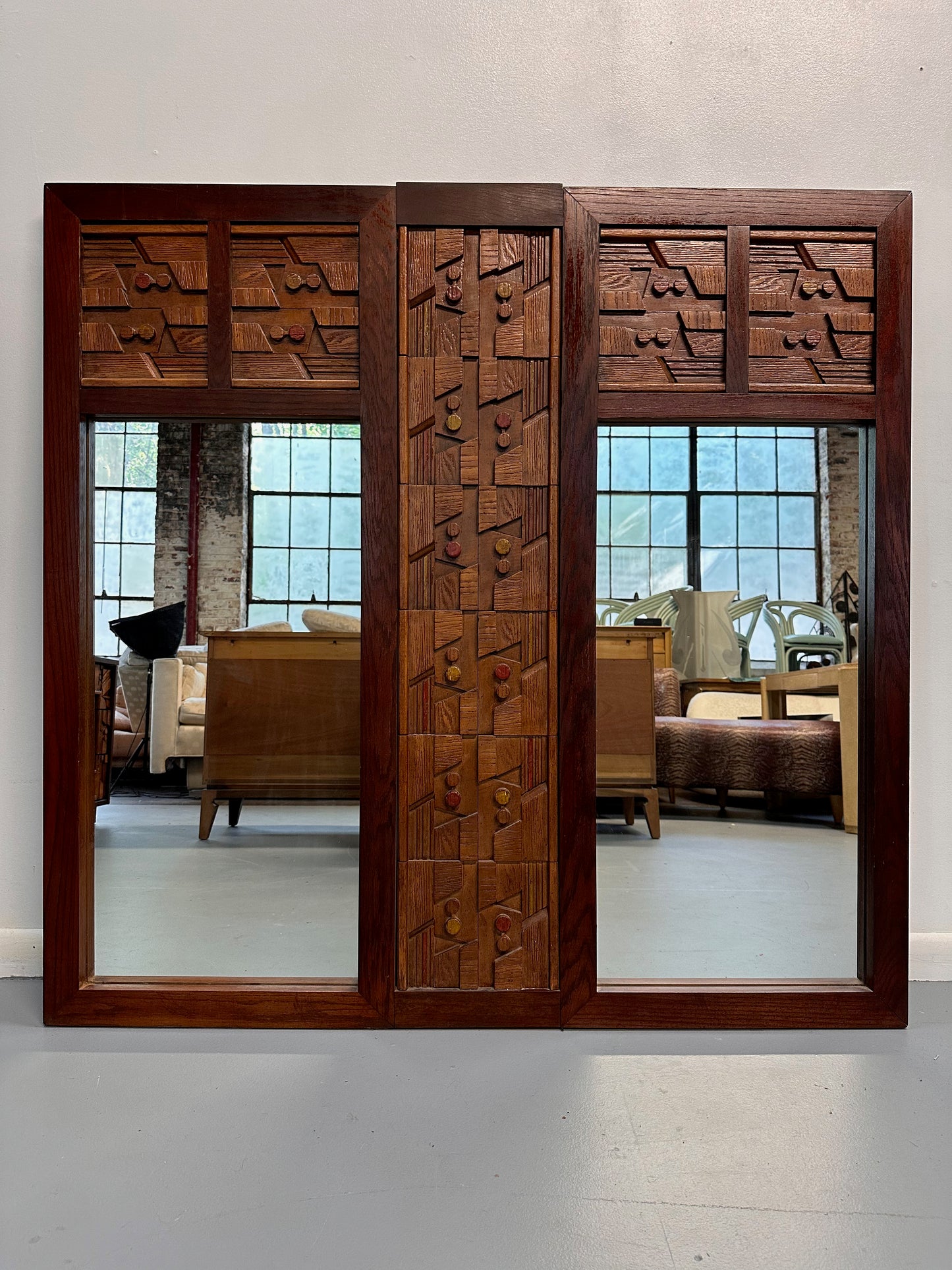 SOLD – Brutalist Lane Pueblo Style Dresser with Matching Double Mirror Mid Century
