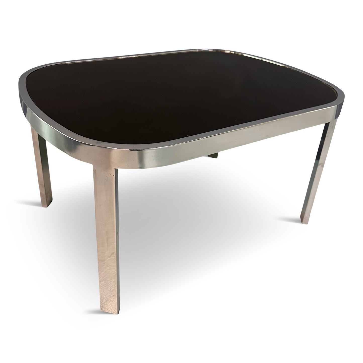 SOLD – Milo Baughman Black Glass Racetrack Side Table for Design Institute of America