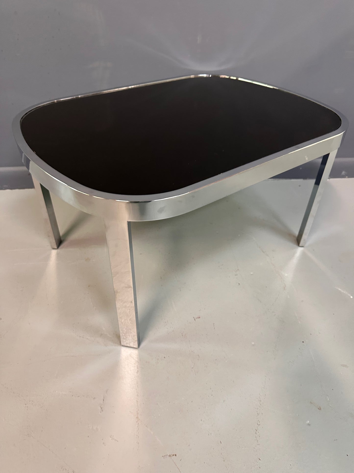 SOLD – Milo Baughman Black Glass Racetrack Side Table for Design Institute of America