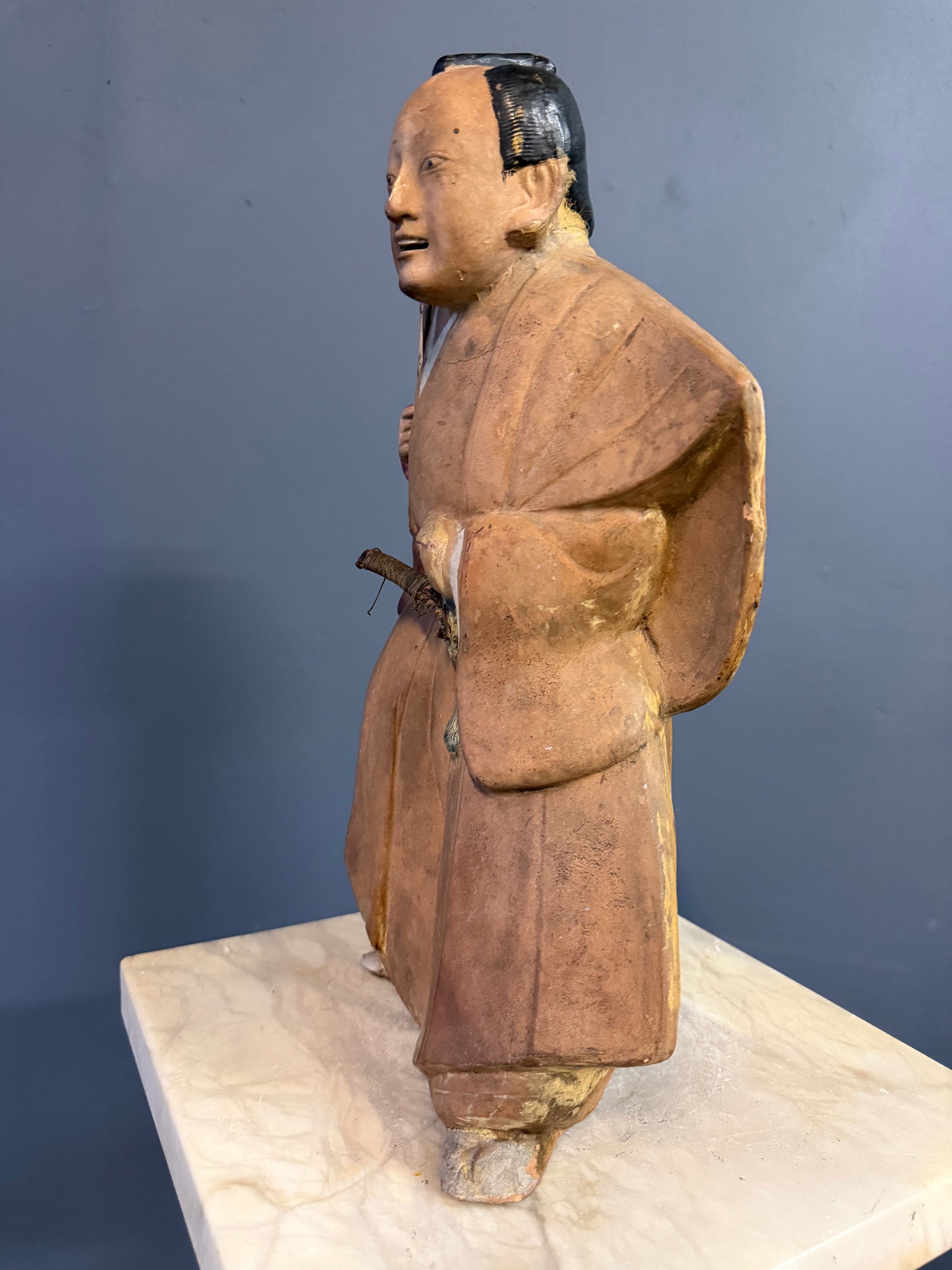 Early 19th Century Edo Period Japanese Polychrome Ceramic Samurai Figure with Gunbai Fan