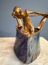 Load image into Gallery viewer, Loetz Art Nouveau Iridescent Glass Vase with Gilt Figural Rim Austria circa 1895