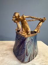 Load image into Gallery viewer, Loetz Art Nouveau Iridescent Glass Vase with Gilt Figural Rim Austria circa 1895