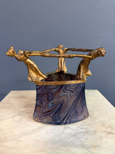 Load image into Gallery viewer, Loetz Art Nouveau Iridescent Glass Vase with Gilt Figural Rim Austria circa 1895