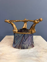Load image into Gallery viewer, Loetz Art Nouveau Iridescent Glass Vase with Gilt Figural Rim Austria circa 1895