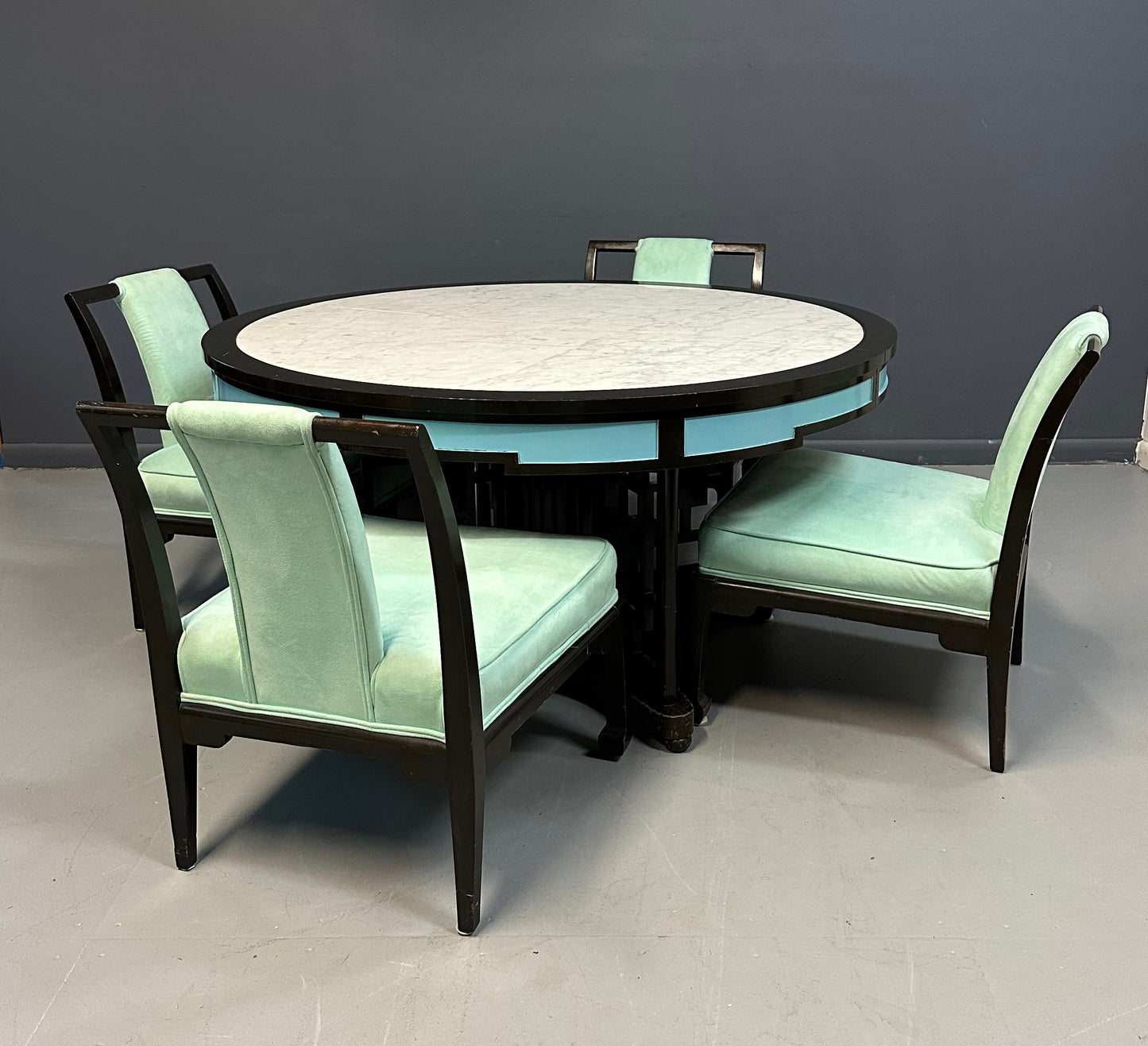 James Mont Style Chinoiserie Marble Top Low Dining Table and Chairs