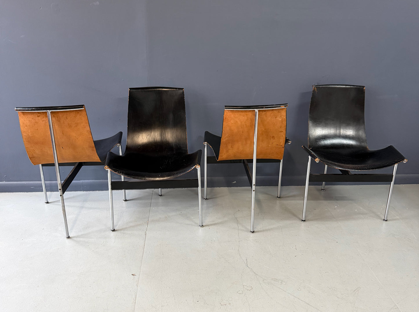 Katavolos, Kelley and Littell for ICF Set of Four T-Chairs in Black Leather