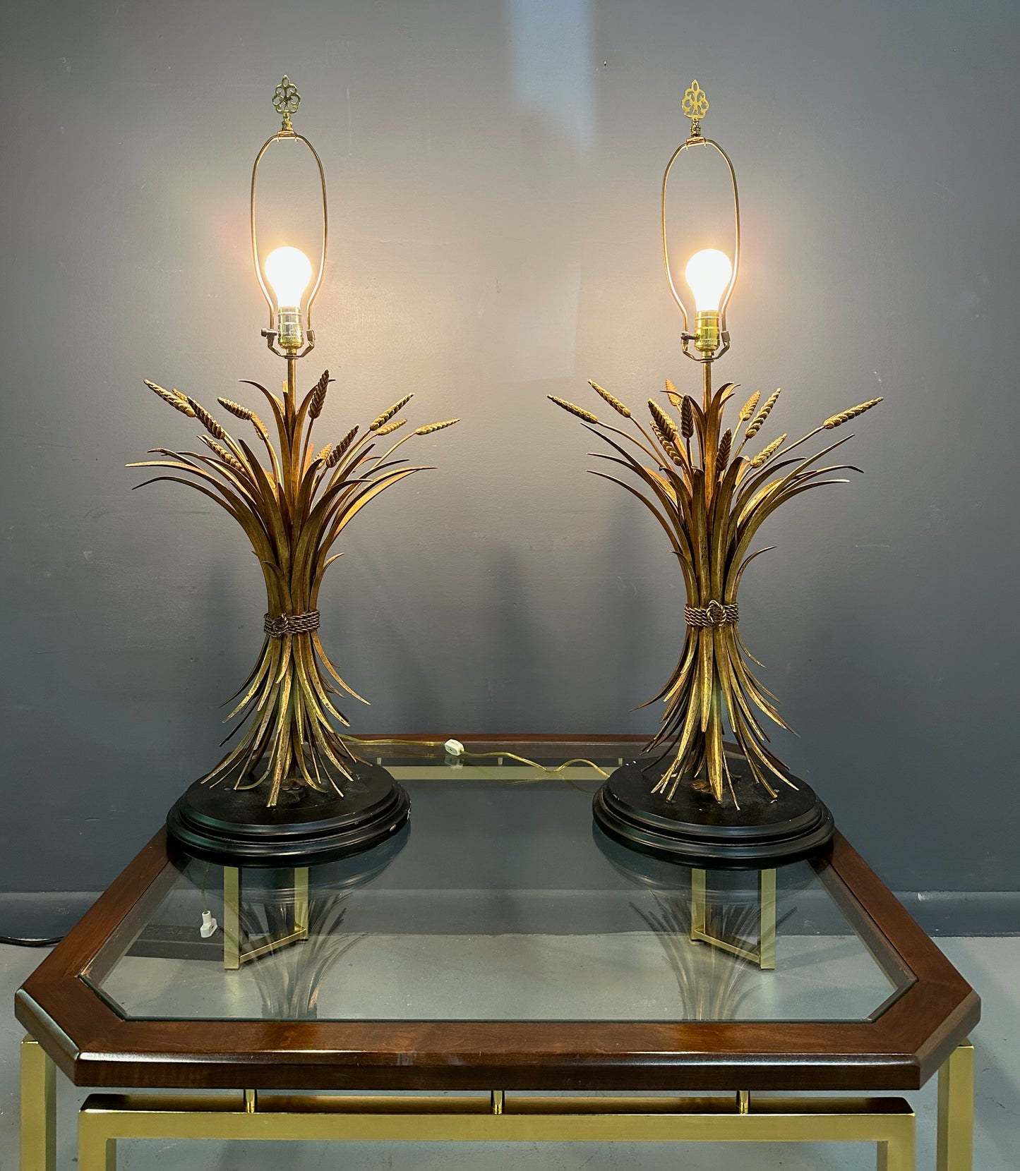 SOLD – Large Pair of Mid-Century Italian Gilt Metal Sheaf of Wheat Table Lamps