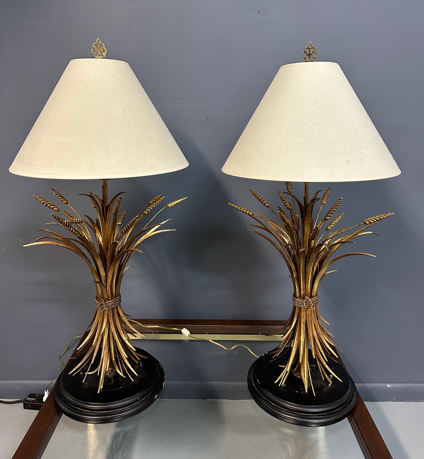SOLD – Large Pair of Mid-Century Italian Gilt Metal Sheaf of Wheat Table Lamps
