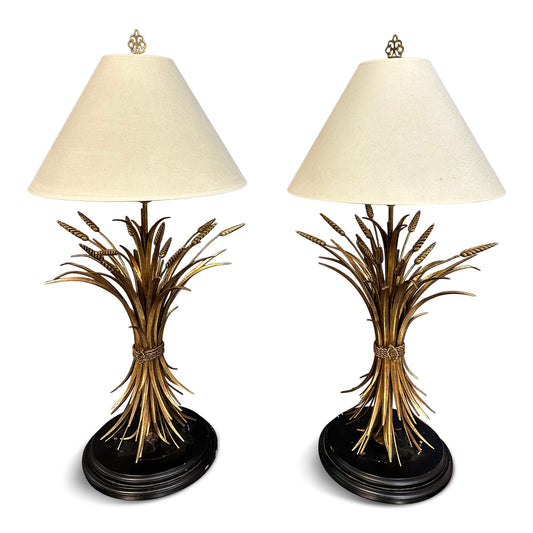 SOLD – Large Pair of Mid-Century Italian Gilt Metal Sheaf of Wheat Table Lamps