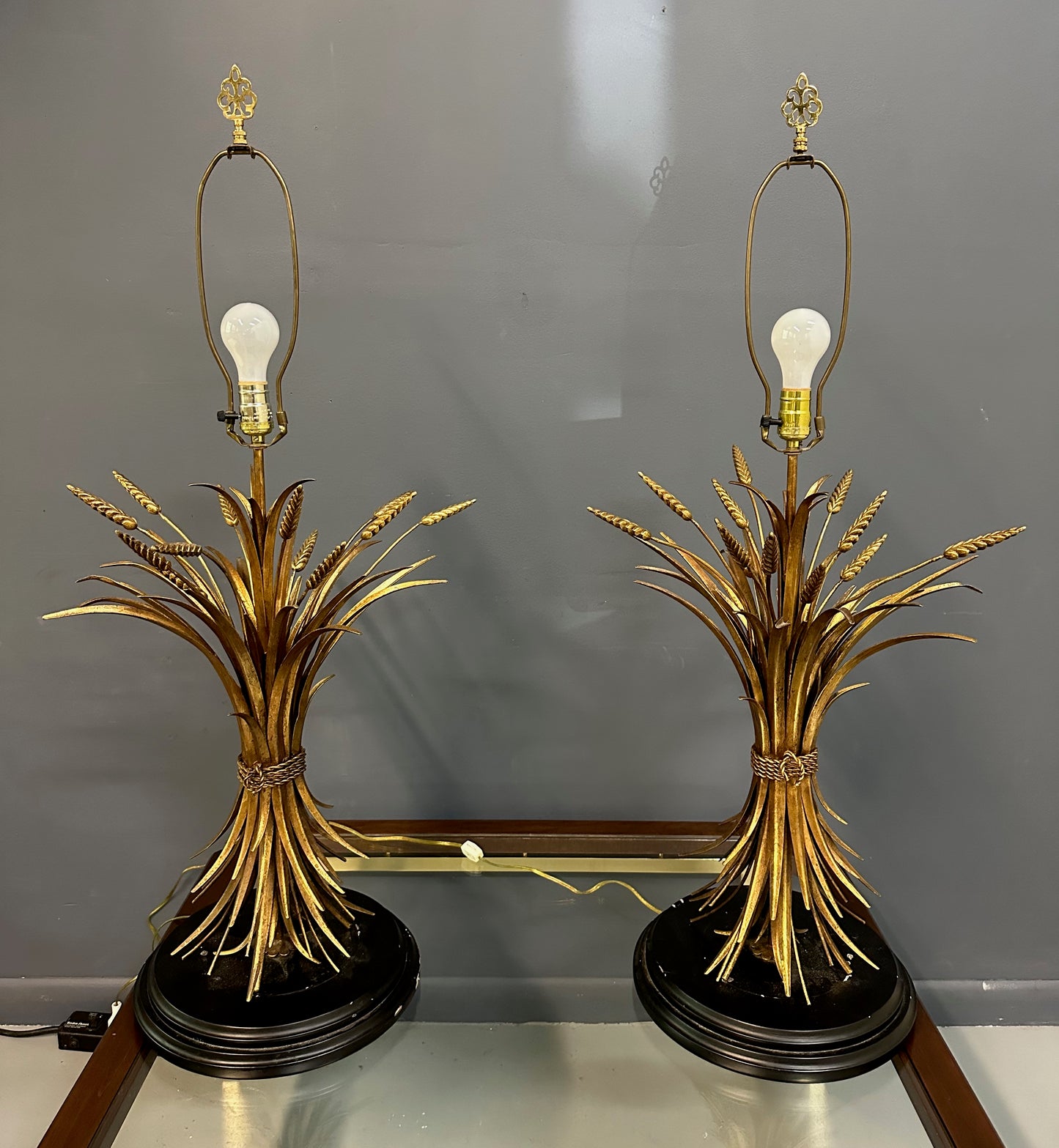 SOLD – Large Pair of Mid-Century Italian Gilt Metal Sheaf of Wheat Table Lamps