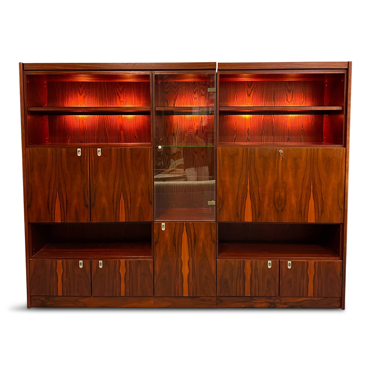 SOLD – 1970s Planum Rosewood and Mahogany Lighted Wall Unit with Desk Mid Century