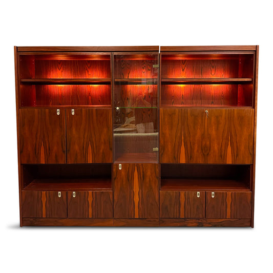 SOLD – 1970s Planum Rosewood and Mahogany Lighted Wall Unit with Desk Mid Century