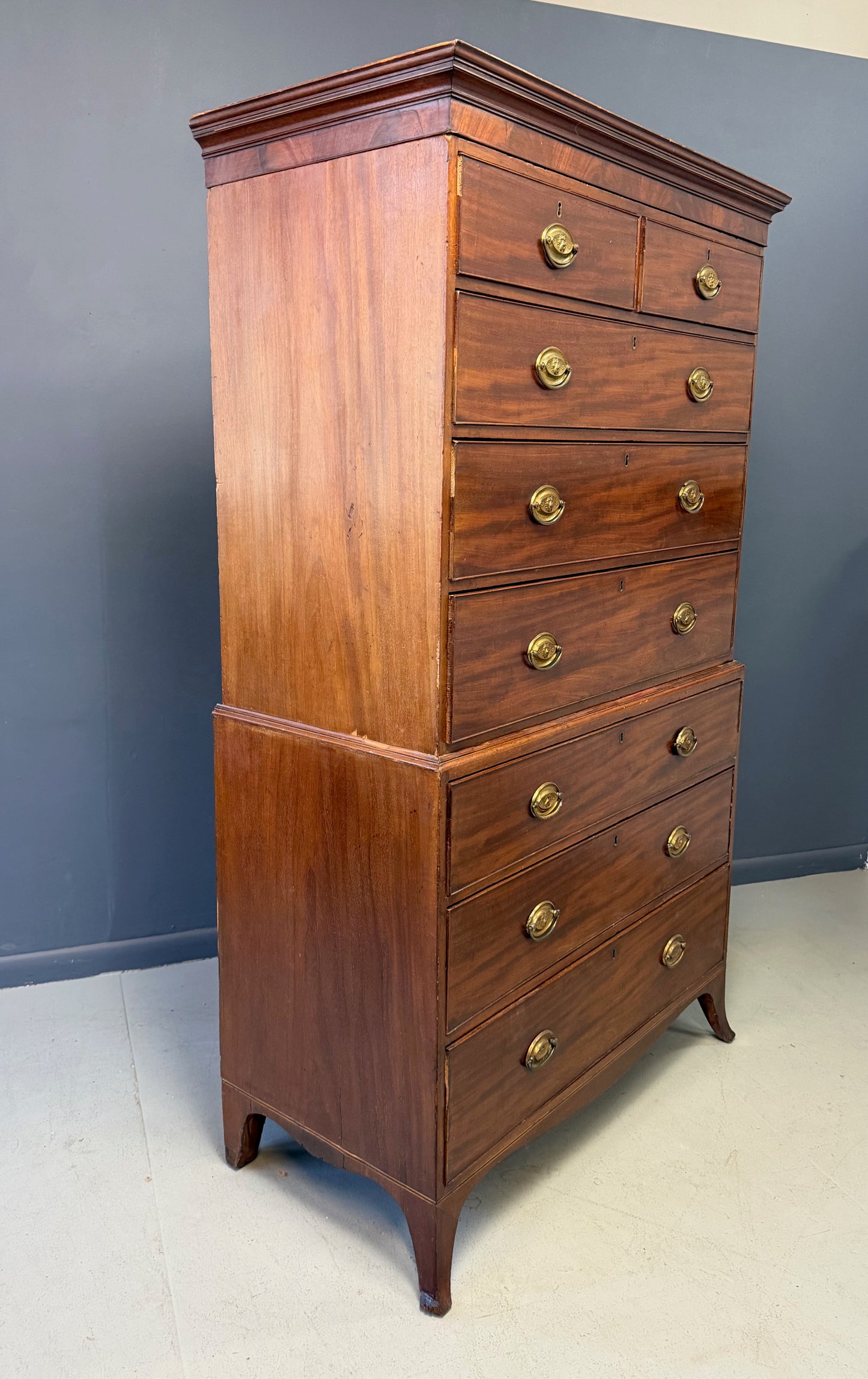 Federal Period Mahogany Chest on Chest with Original Lion Head Brasses, American