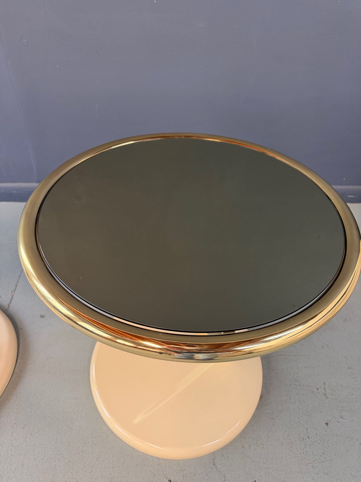 Pair of Casprini Italian Postmodern Side Tables in Brass, Grey Glass and Lacquer 1980s
