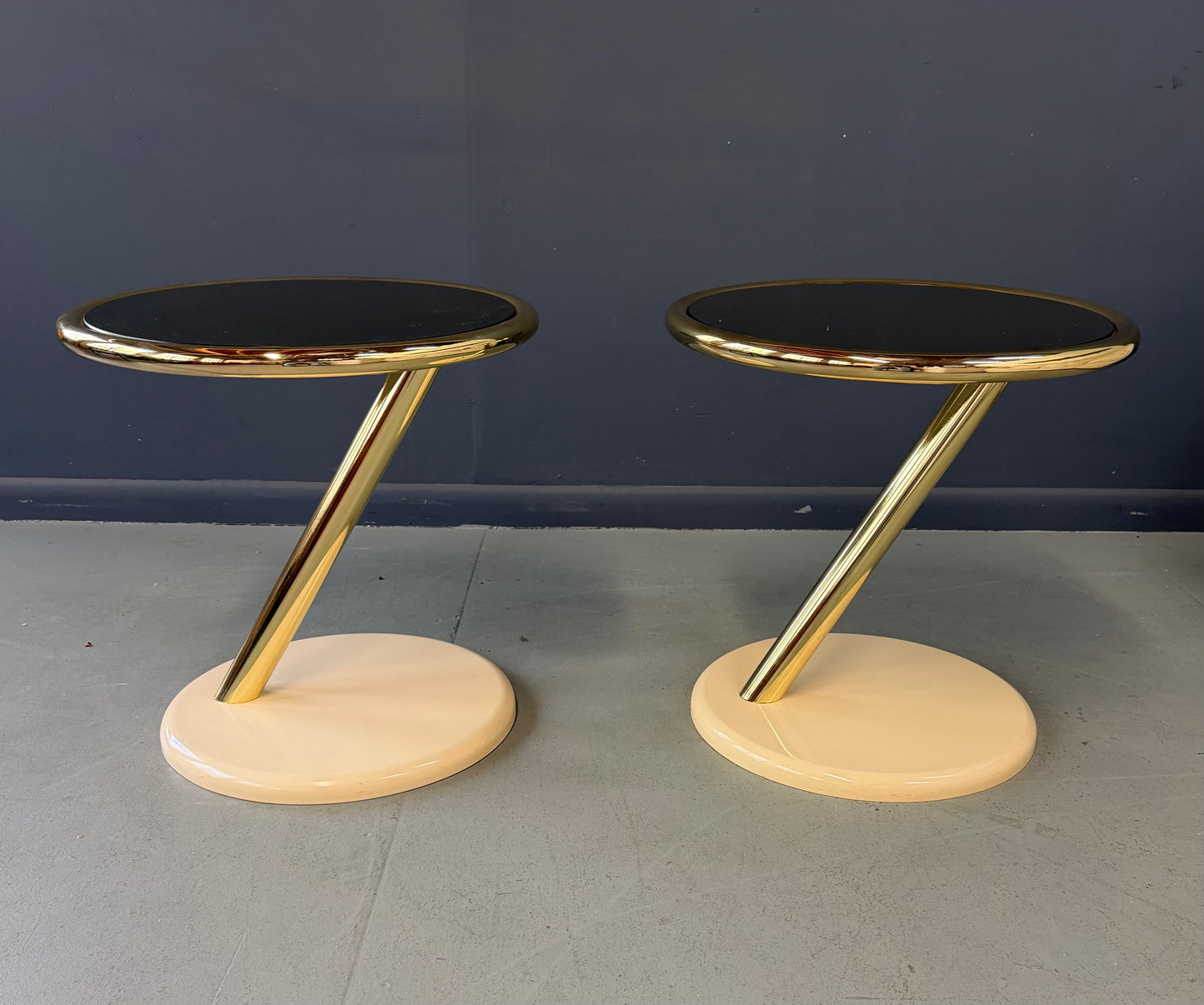 Pair of Casprini Italian Postmodern Side Tables in Brass, Grey Glass and Lacquer 1980s