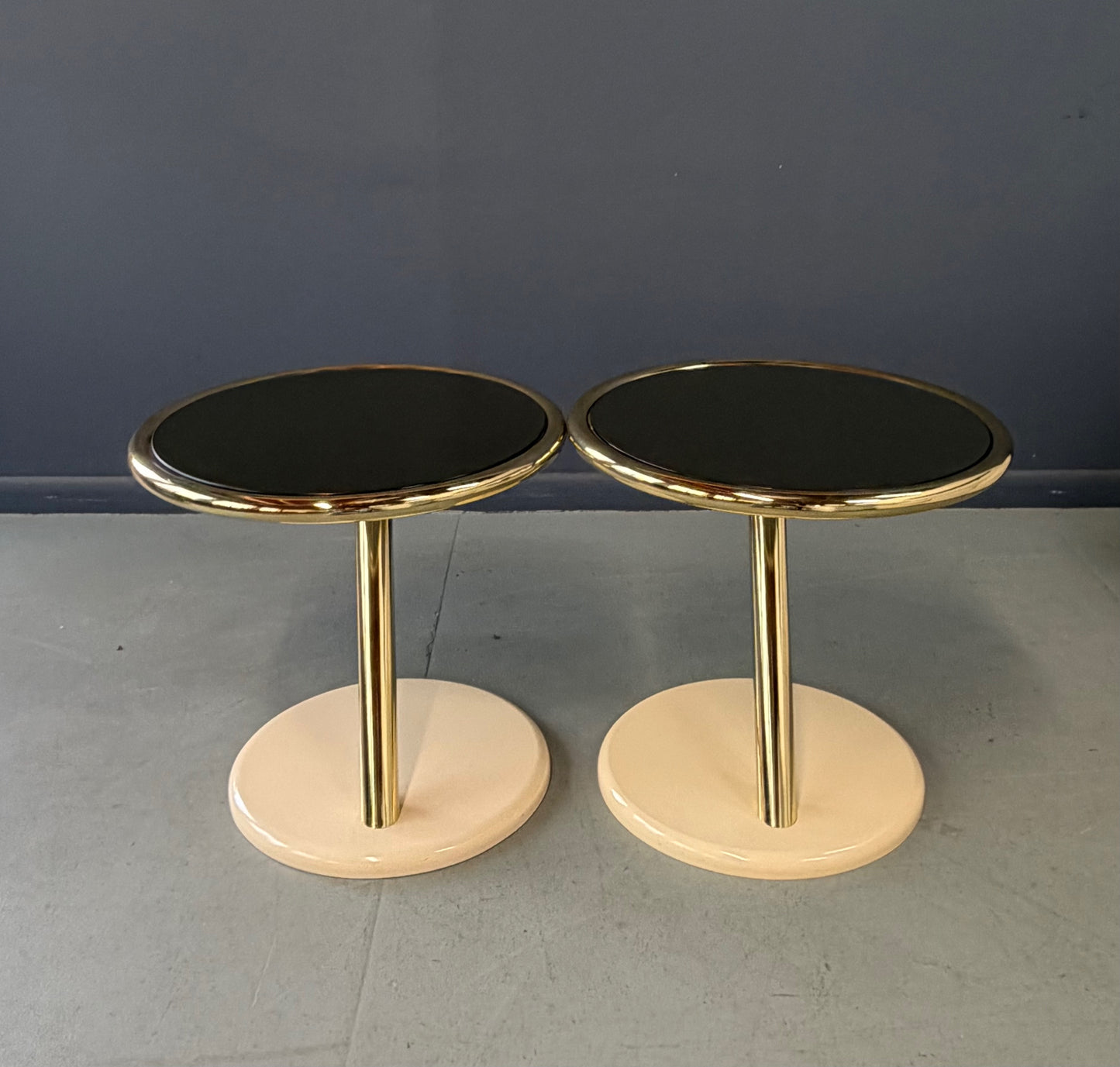 Pair of Casprini Italian Postmodern Side Tables in Brass, Grey Glass and Lacquer 1980s