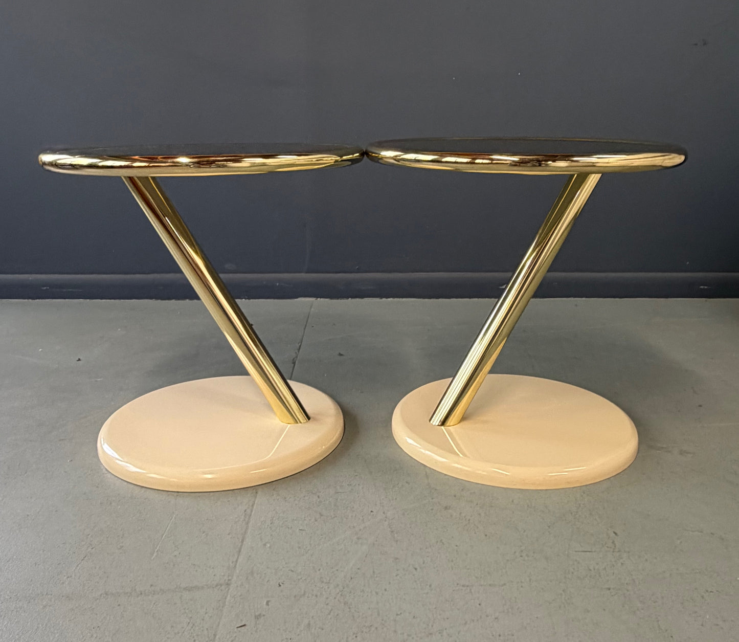 Pair of Casprini Italian Postmodern Side Tables in Brass, Grey Glass and Lacquer 1980s