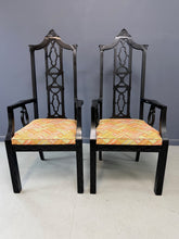 Load image into Gallery viewer, Elegant pair of 1970s Black Chinoiserie Arm Chairs w/Carved Details Mid Century