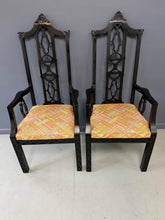 Load image into Gallery viewer, Elegant pair of 1970s Black Chinoiserie Arm Chairs w/Carved Details Mid Century