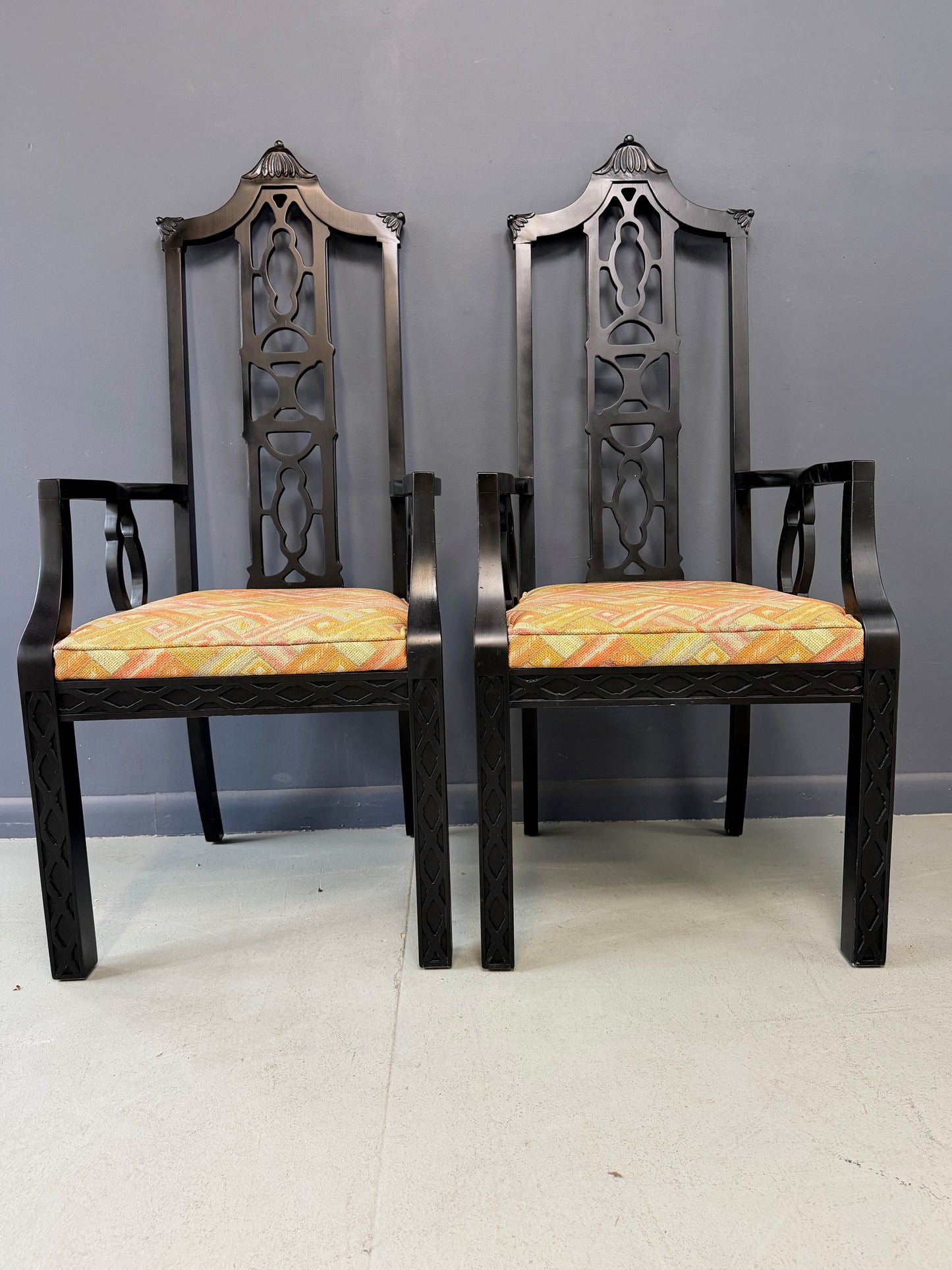 Elegant pair of 1970s Black Chinoiserie Arm Chairs w/Carved Details Mid Century
