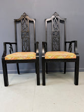 Load image into Gallery viewer, Elegant pair of 1970s Black Chinoiserie Arm Chairs w/Carved Details Mid Century